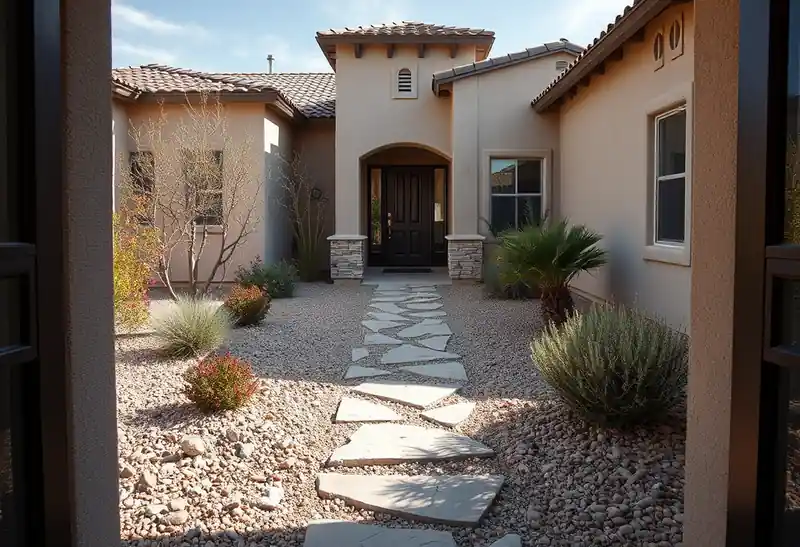 Illustration of front yard with drought-tolerant planting and a stone path in a 2003-era home